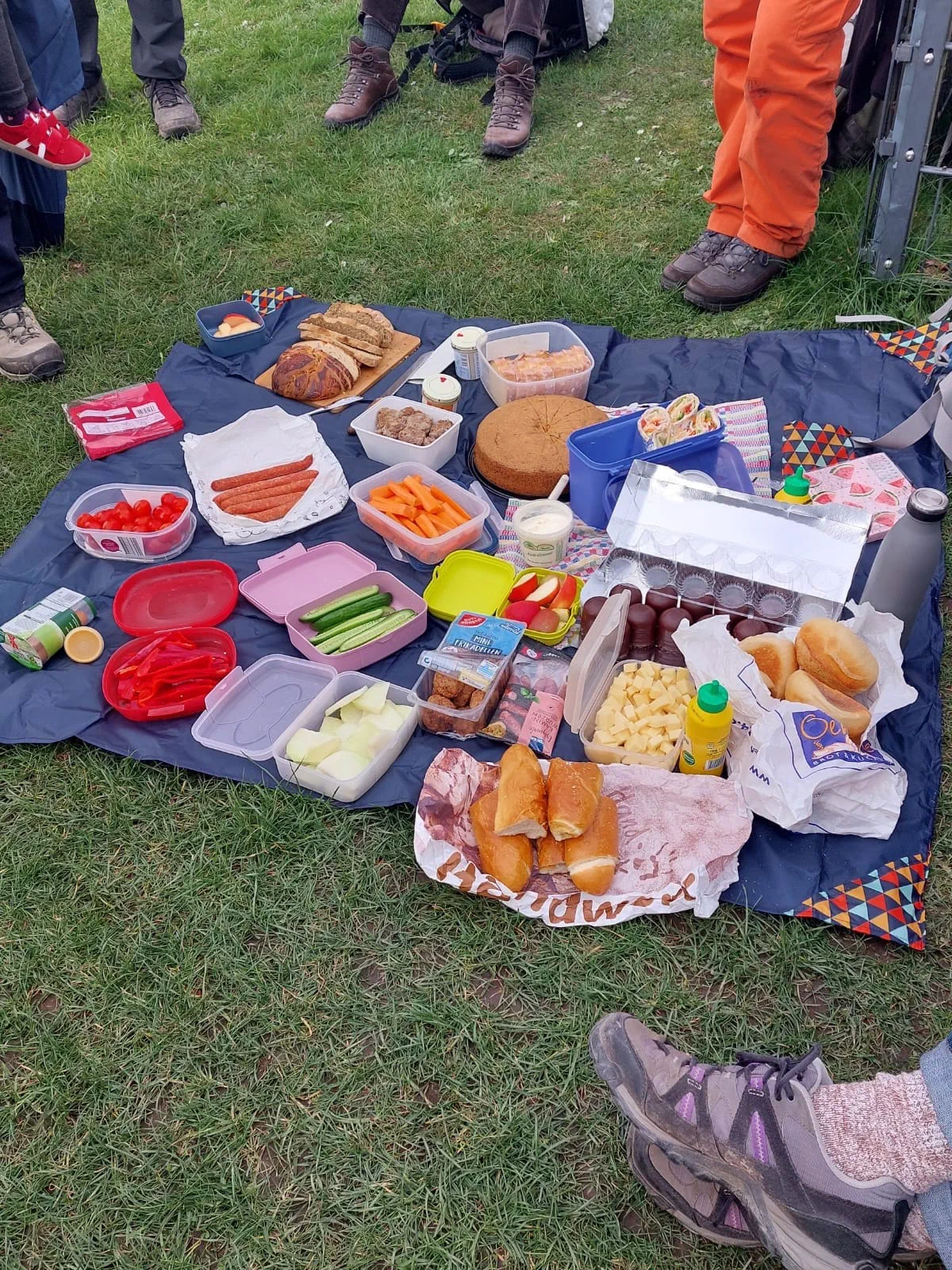 Picknickdecke mit Broten, Obst und Gemüse